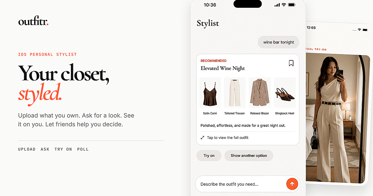 Outfitr landing page showing a personal stylist and virtual try-on